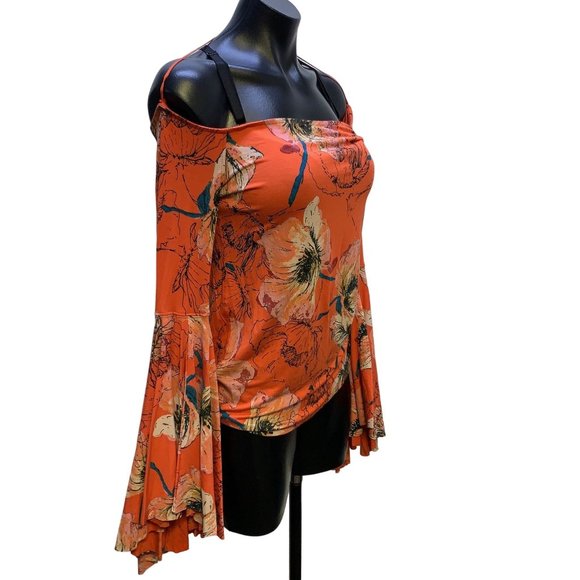 *NWT Free People Orange Bell Sleeve Floral Print Blouse Small - Picture 2 of 6
